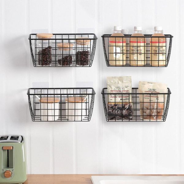 

storage baskets wall-mounted rack bathroom shelf box wrought iron kitchen spice basket wall hanging organizer