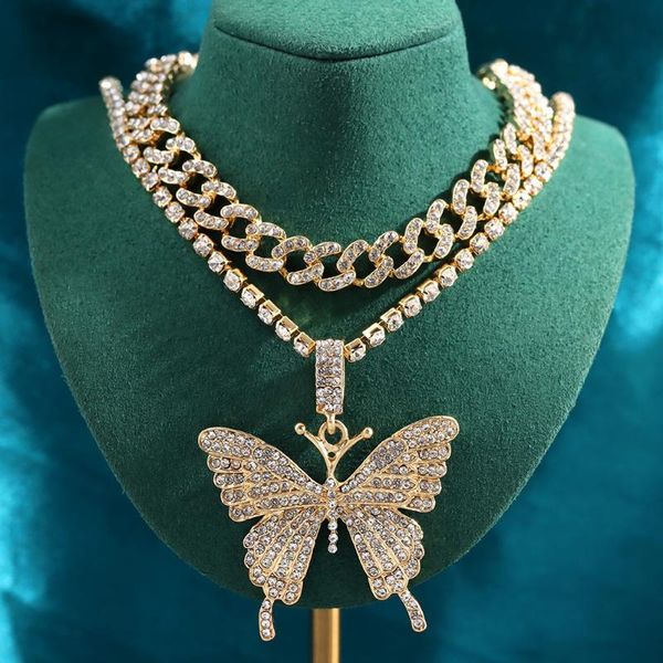 

chains big butterfly multilayer cuban chain necklace gold color shiny crystal tennis necklaces for women fashion jewelry, Silver