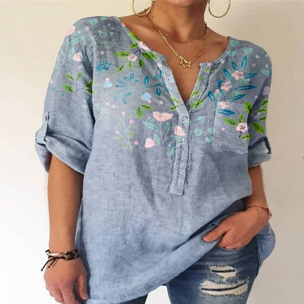 

women's t-shirt v neck elegant office lady t shirt spring fashion floral print loose women shirts tee autumn adjusted long sleeve pull, White