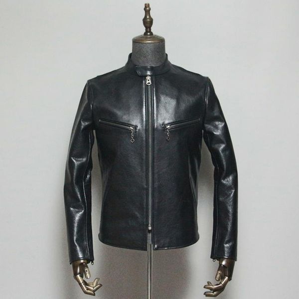 

men's leather & faux yr.quality tanned cowhide jacket,vintage coat,black man genuine clothing.slim biker style.