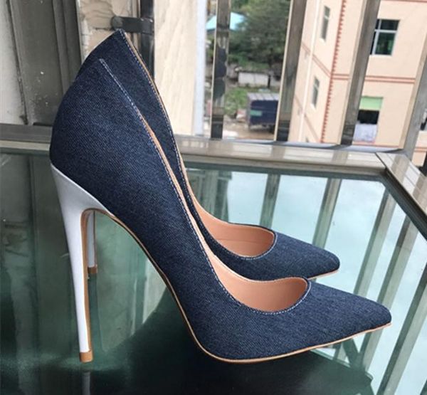 

dress shoes brand women 2021 autumn denim stitched white heel high heels pointed toe shallow pumps single zapatos mujer, Black