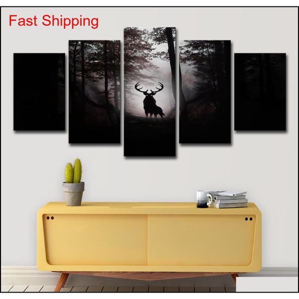 

modern canvas prints pictures home decor living room 5 pieces deer dark forest night paintings wall qylvlz ppshop01