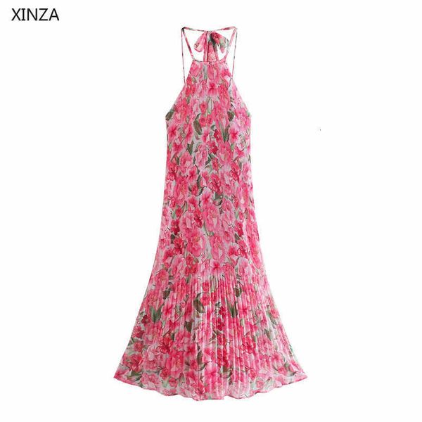 

casual dresses women pleated flowers print halter sleeveless backless evening female chic chiffon long summer 6ana, Black;gray