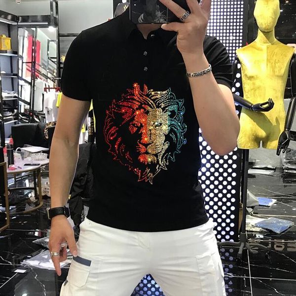 

high end temperament all match men polos lapel base shirt diamond personality short sleeve male costume design, White;black