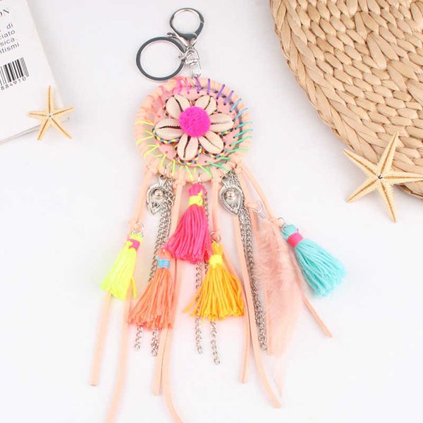 Colorido shell borla pompom keychain dreamcatcher chaveiro anel boêmio handmade bolsa acessórios para mulheres boho jóias presentes G1019