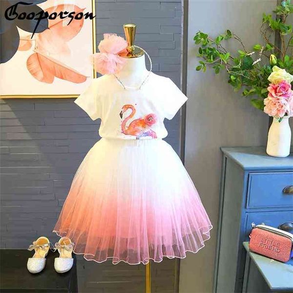 

girls clothes set short sleeve shirt and cute skirt flamingo shirt pink skirt baby girl summer clothes set fashion clothes 210715, White