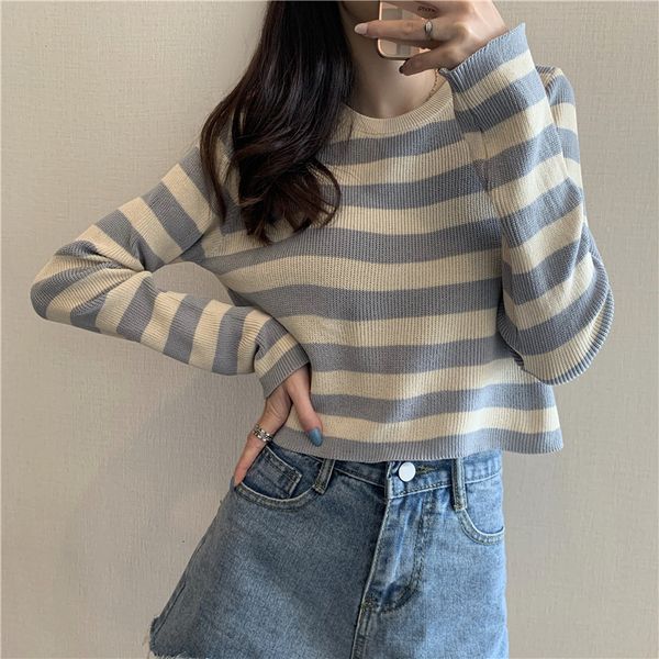 

2021 new early autumn korean-style striped loose long-sleeve knitwear base sweater for women z1im, White;black