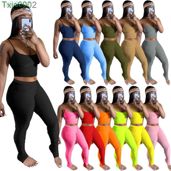 Mulheres Tracksuits Dois Peças Set Deisgner Sexy Sem Mangas Calças Esporte Plissado Leggings Cor Sólida Gelo Sportwear 12 Cores