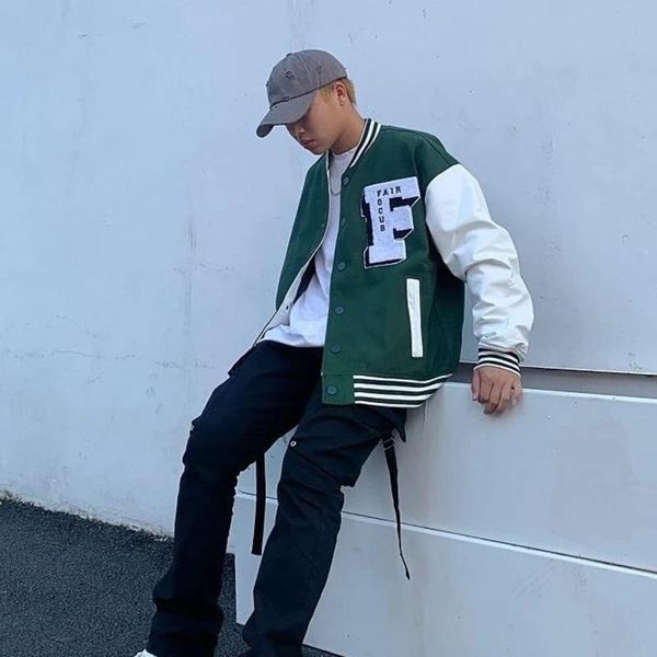 

men's jackets harajuku 3d letter varsity jacket men single-breasted high street college women bomber leather patchwork baseball, Black;brown