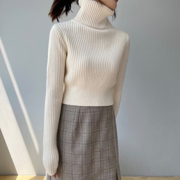 

autumn 2021 new long sleeve women turtleneck warm sweater pure color winter cropped pullovers pull femme jt0g, White;black