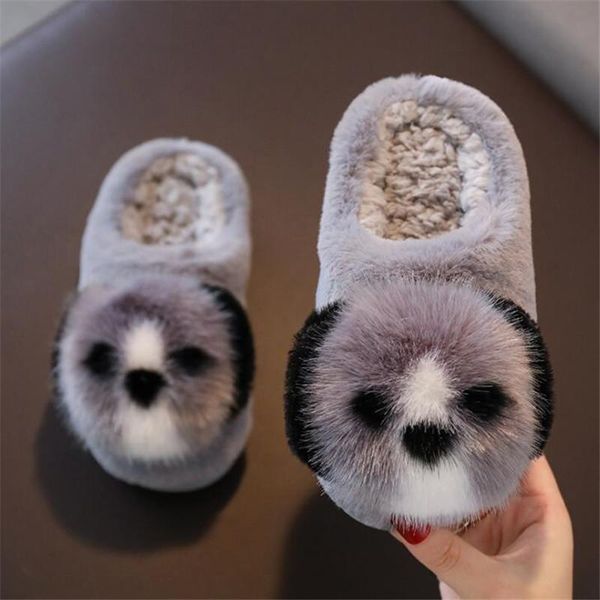 

slipper children winter slippers for girls boys warm fur plushes cartoon dog home non-slip thick bottom cotton kids, Black;grey