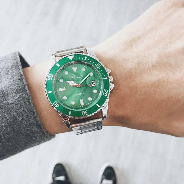 

wristwatches fashion calendar men's watch full stainless steel men wrist watches luxury man quartz clock student hour green date c3546, Slivery;brown
