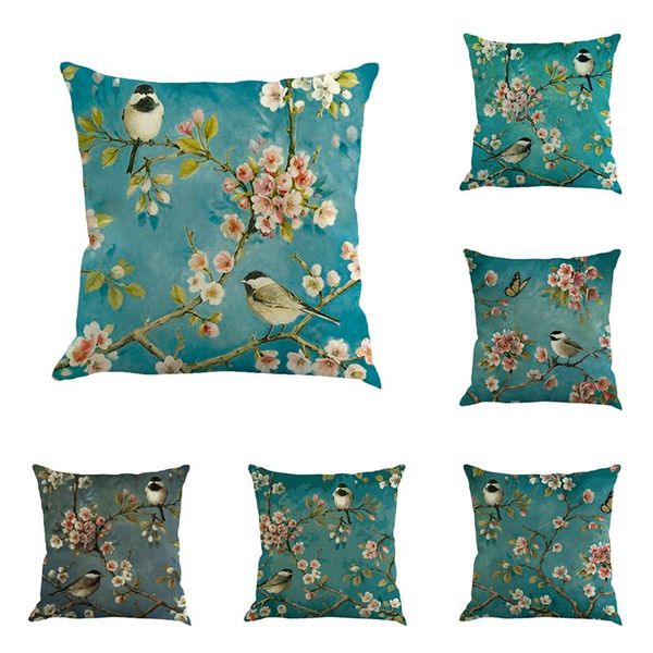 

pillow case flowers and birds scenery printed cushion covers sofa decorative pillowcase colorful oil painted cotton linen throw cover