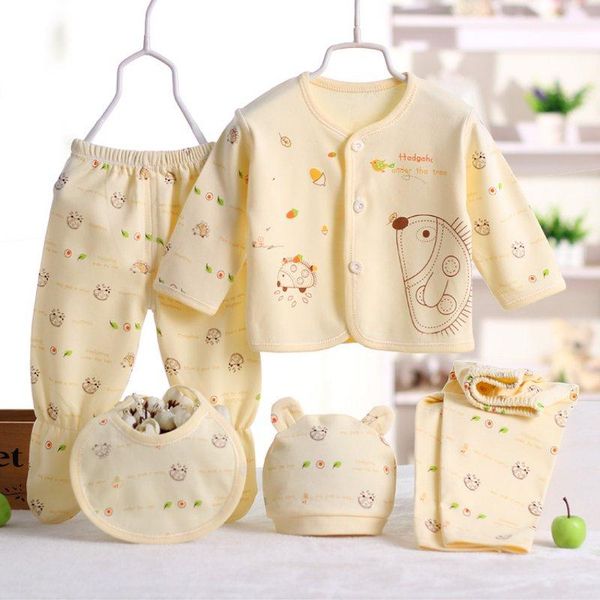 

clothing sets baby 0-3m infant boy/girl cotton cartoon hedgehog animal clothes suit hat bib 100% 5pcs set, White