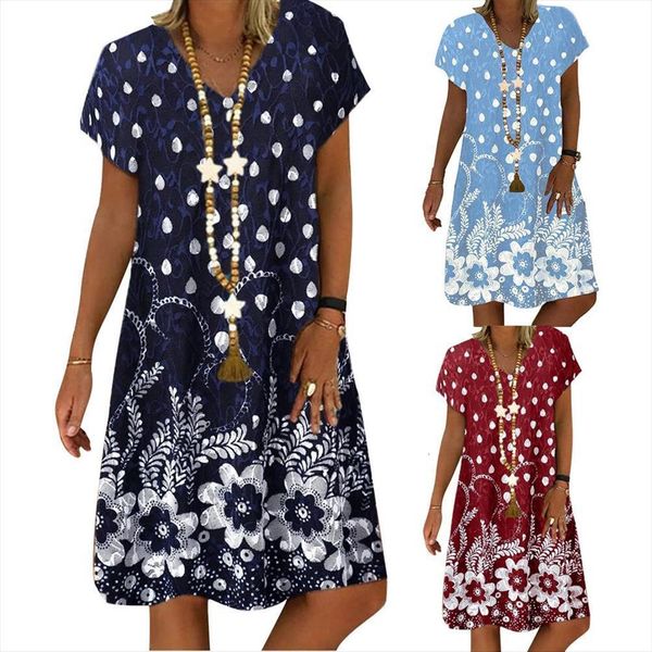 

s 4xl stylish women dress v neck short sleeve floral waterdrop print loose knee length, Black;gray