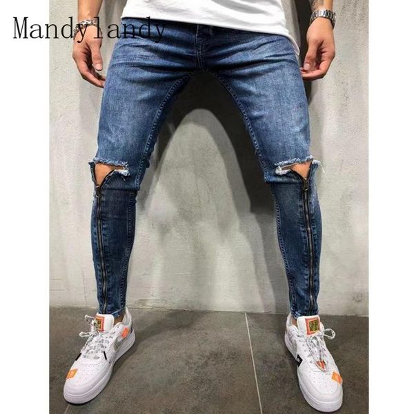 

men's jeans mandylandy spring and summer leisure ripped zipper button slim-fit solid color pencil, Blue
