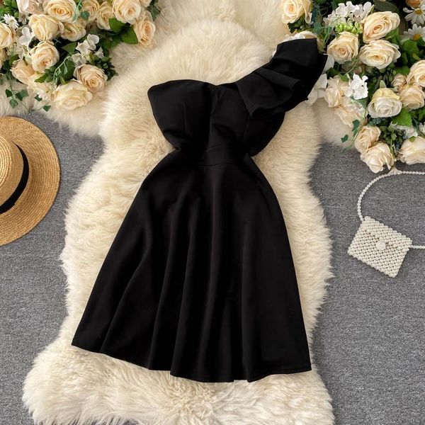 

casual dresses zqlz summer women 2021 diagonal collar solid mini dress high waist one-shoulder ruffles fashion party club vestidos, Black;gray