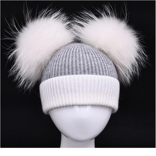 

children hat toddler kids baby warm winter wool hat knit beanie two-color baby boys girls double real fur pom jllzxz