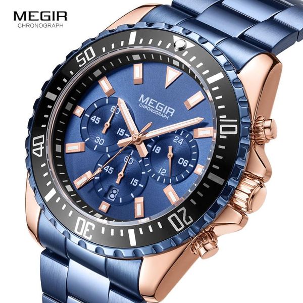 

wristwatches megir blue watch for men luxury stainless steel chronograph quartz watches luminous hands waterproof wristwatch reloj zegarek, Slivery;brown