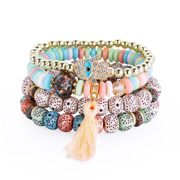 

charm bracelets boho ethnic style multilayer colorful stone beaded bracelet bangles for women fashion crystal eyes tassel jewelry, Golden;silver