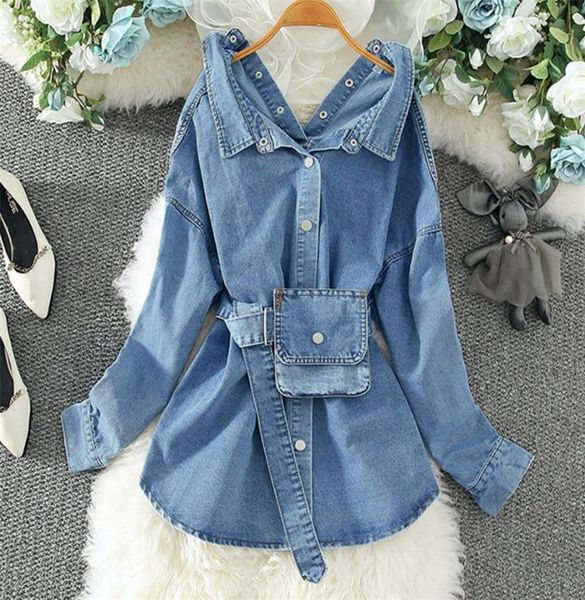 

women's jackets fashion casual loose denim shirt coat middle long vintage hong kong style sleeve design sense spring autumn versati, Black;brown