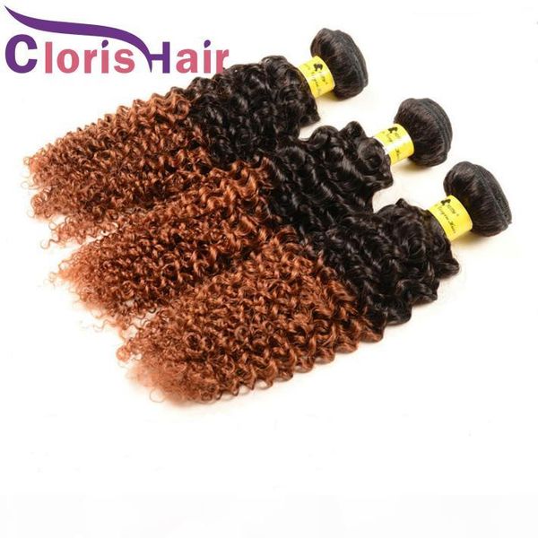 

two tone blonde ombre bundles kinky curly malaysian virgin human hair weave colored 1b 30 afro kinky curly brown auburn hair extensions, Black