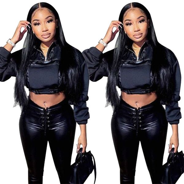 

x1061 women's 2020 new autumn pu leather splicing top, Black