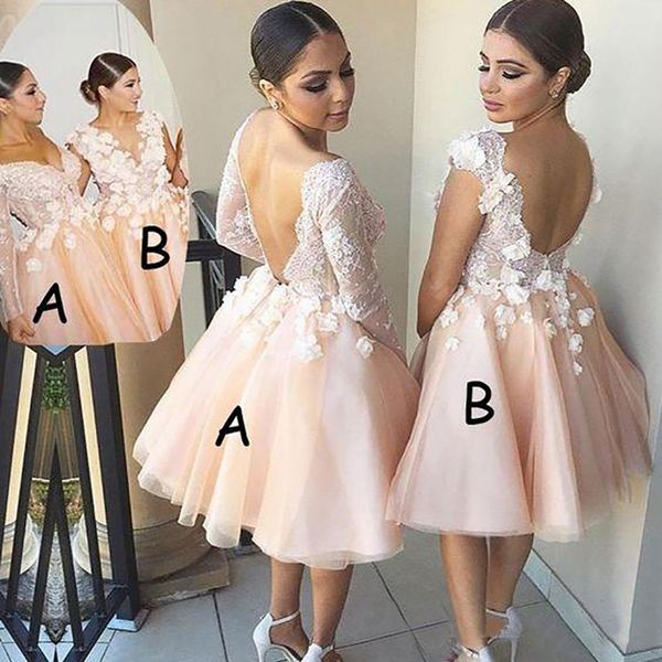

2021 short bridesmaid dresses with 3d floral applique long sleeves halter scalloped v neck tulle straps custom made maid of honor gown, White;pink
