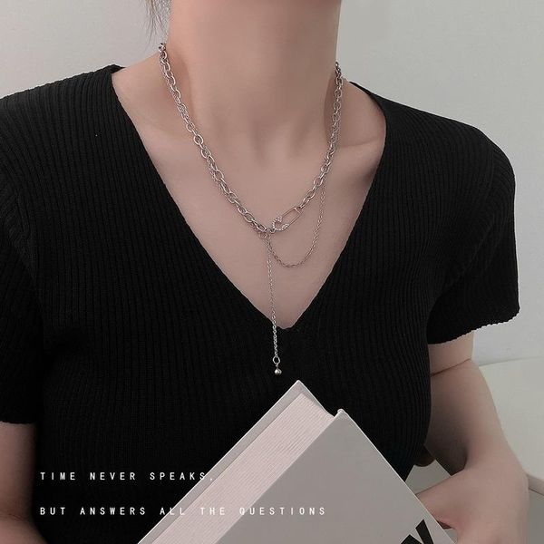 

chains paper clip necklaces woman rhinestone necklace women splicing layered pendant chain lovers trendy kpop stainless simple collares, Silver