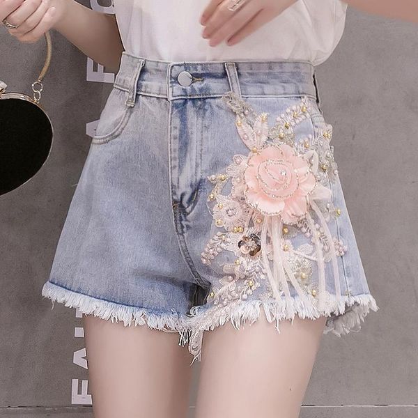 

women's shorts floral appliques frayed hem summer short jeans denim for women s m  xl 2xl, White;black