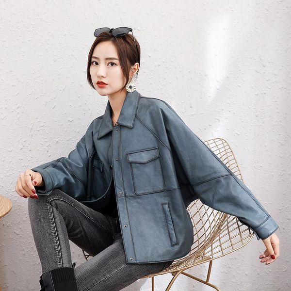 

women's leather & faux 2021 women genuine jacket motorcycle short natural sheepskin coats spring autumn real small jackets, Black