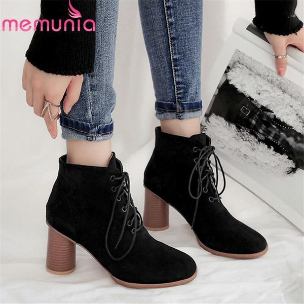

boots memunia 2021 wholesale big size 48 ankle for women flock round toe lace up high heels shoes ladies party wedding1, Black