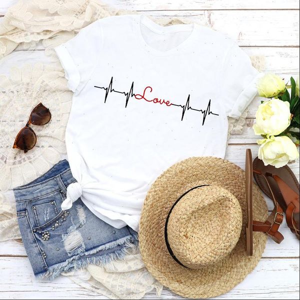 

women graphic love letter heartbeat 90s fashion short sleeve print tees clothing female t shirt womens t shirt, White