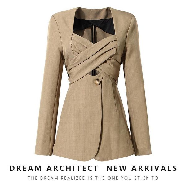 

winter blazer 2021 spring fashion personality solid color simple bow strap design long suit jacket ropa de mujer, White;black