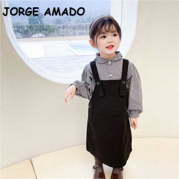 Großhandel Frühling Koreanischen Stil Baby Mädchen 2-tlg Sets Plaid Langarm Shirts + Overalls Kleid Kinder Kleidung E9035 210610