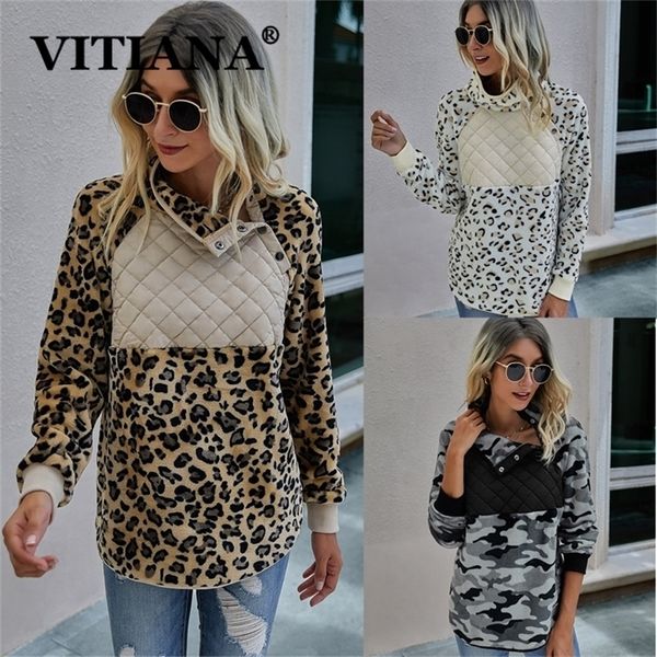 Vitiana Kadınlar Casual Peluş Kazak Hoodie Bayan Sonbahar Kadın Balıkçı Yaka Düğmeleri Uzun Kollu Polar Leopar Kadın 201127