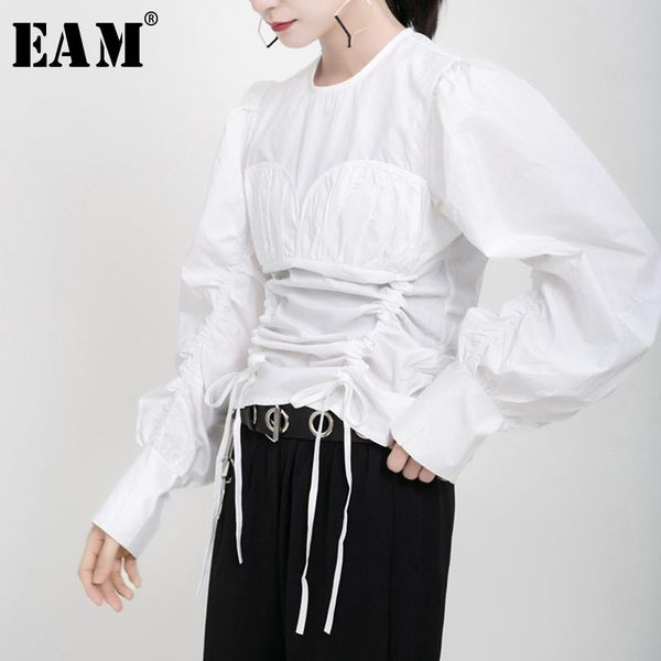 

[eam] women pleated drawstring blouse new round neck long sleeve loose fit shirt fashion tide spring autumn 2021 19a-a176, White