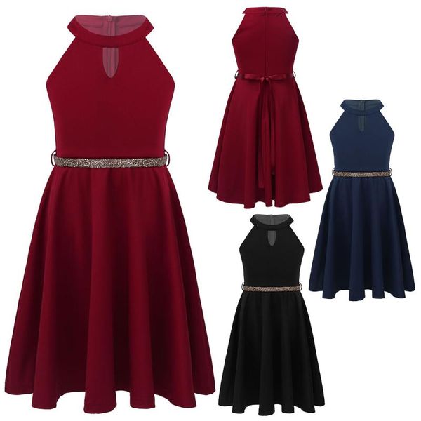 

girl's dresses kids girls sleeveless halter neck front cutouts flared party dress for homecoming children's clothing girl skater, Red;yellow