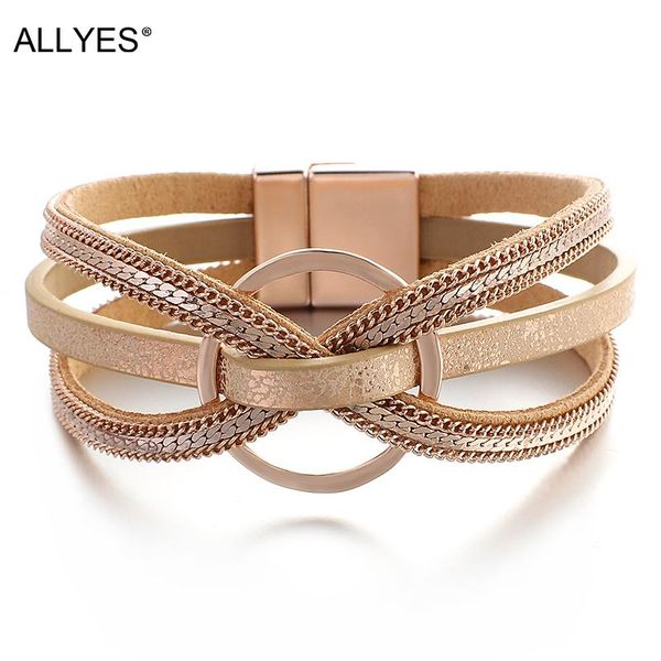 

tennis allyes multilayer chain leather bracelets for women fashion 2021 rose gold hollow cross circle charm bracelet party jewelry, Golden;silver
