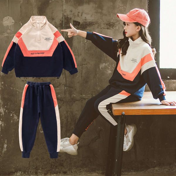 

new 2020 wear korean autumn girls' alphabet color matching suit two piece children's sports clothes, White