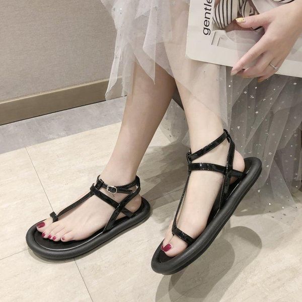 

sandals women's shoes 2021 summer all-match comfortable solid leather buckle strap fashion leisure beach flat open toe, Black
