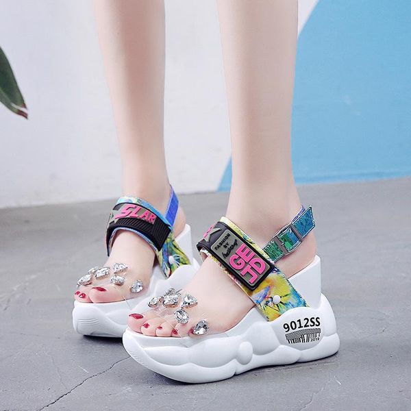 

sandals summer women 2021 fashion transparent diamond wedge sandal rhinestone high heels chunky platform shoes woman, Black