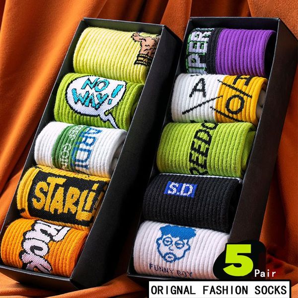 

men's socks 2021 fashion men with inscriptions cotton breathable soft long casual 5 pairs all-match elasticity pattern style, Black