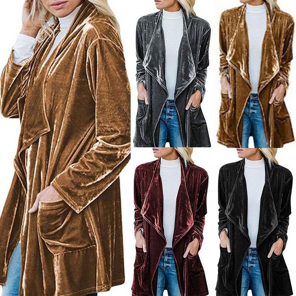 

women's trench coats fashion gold velvet coat mid-length windbreaker bathrobe-style spring autumn turn-down collar elegant long sleeve, Tan;black