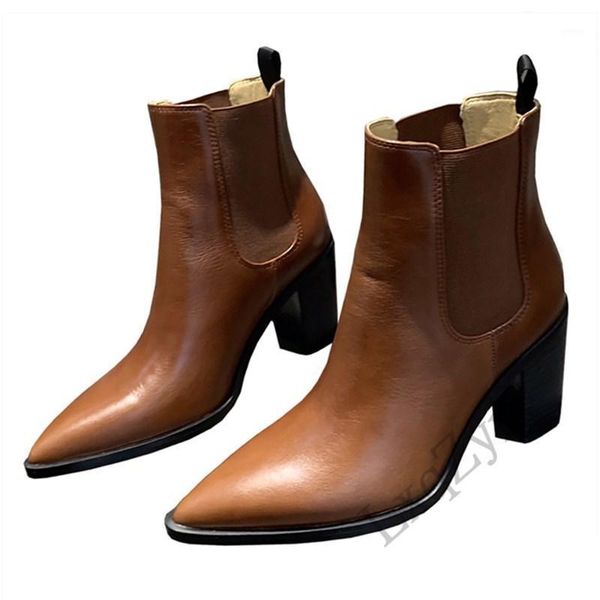 

boots 2021 spring designer knight black brown real leather fashion women high heels pointed toe slip on ankle shoes1