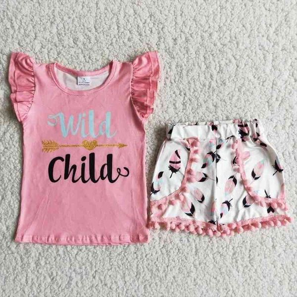 

wholesale baby girl boutique summer clothing white pink wild child shirt feather pompom thread shorts children kids set outfit