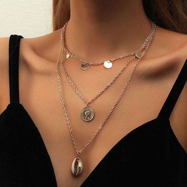 

2021 new jewelry trend necklace conch pendant multi-layer chain round piece beauty head jewelry, Silver