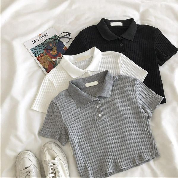 

2021 fashion women short sleeve crop knit button vest casual gray white solid ribbed short shirt