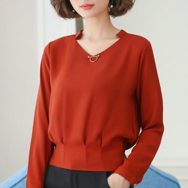 

women's blouses & shirts 3xl plus size blouse women long sleeve solid chiffon v-neck office ladies womens and b616, White
