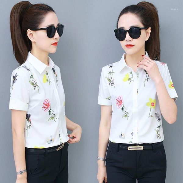 

5xl short sleeve women chiffon blouses 2021 summer plus size casual print shirt fashion ladies office blouse korean women's &, White